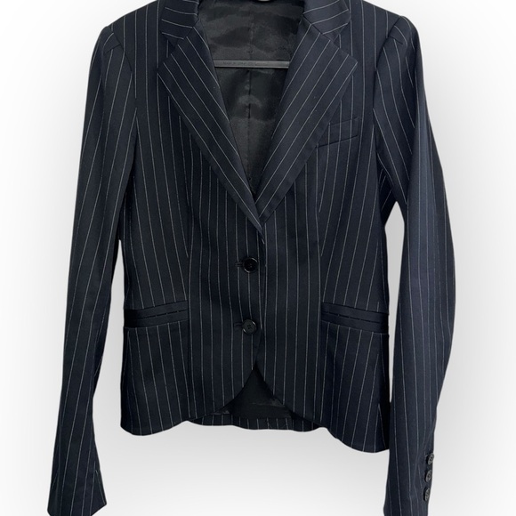THEORY Navy white Pinstripe double breasted blazer Suit Jacket cotton slim sz 2 - Picture 3 of 5